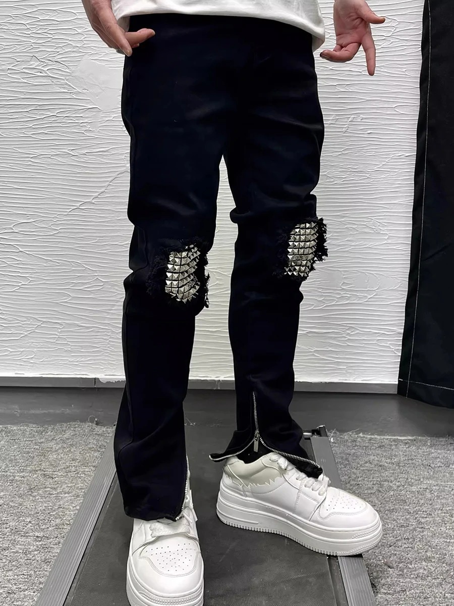 REDDACHIC Luxury Diamond Black Straight Jeans Men Frayed Zipper Slit Slim Stretch Denim Pants Hiphop Trouser Harajuku Streetwear