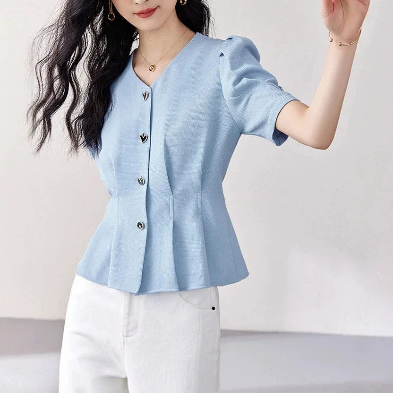 Minimalist Blue V Neck Puff Sleeve Peplum Blouse Heart Button Cinched Waist Tailored Top Women Elegant Office Short Sleeve Shirt