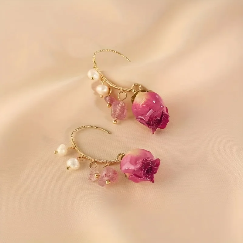 Fashion Imitation Pearl Rose Eternal Flower Grass Berry Crystal Earrings Super Immortal Girl Festival Party Jewelry Accessories