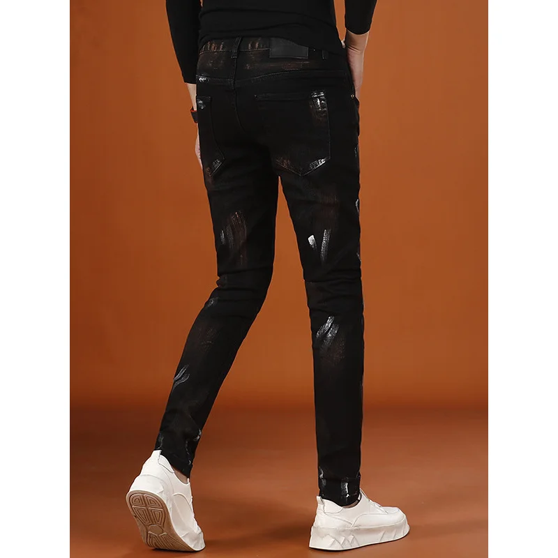 レトロヴィンテージプリントメンズパンツ2025秋新作トレンドストリートファッション伸縮性ジーンズメンズ