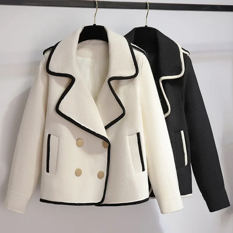 Autumn Winter Short Woolen Coat Women 2023 New Fashion Suit Jacket Turndown Collar Tops Pure Colour Black 3XL Outerwear Female