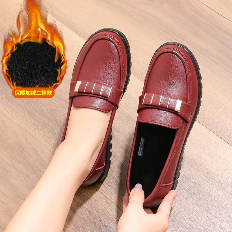 

women warm plush winter leather flats mom Comfortable Ballet Flats Shoes loafers Ladies office shoes big size 42