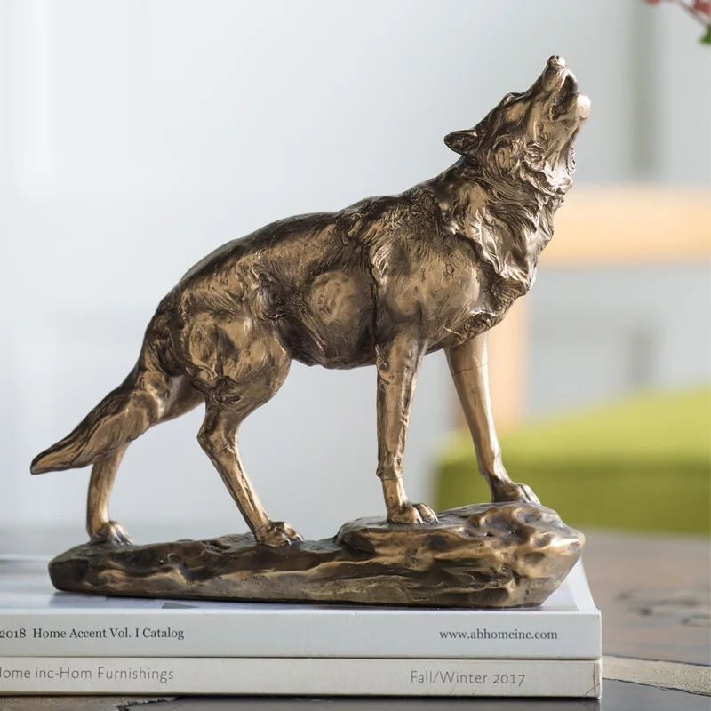 

EUROPEAN MODERN LUXURIOUS RETRO GOLDEN WOLF STATUES GOLD ANIMAL ART SCULPTURE RESIN CRAFT HOME DECORATION ACCESSORIES R4019