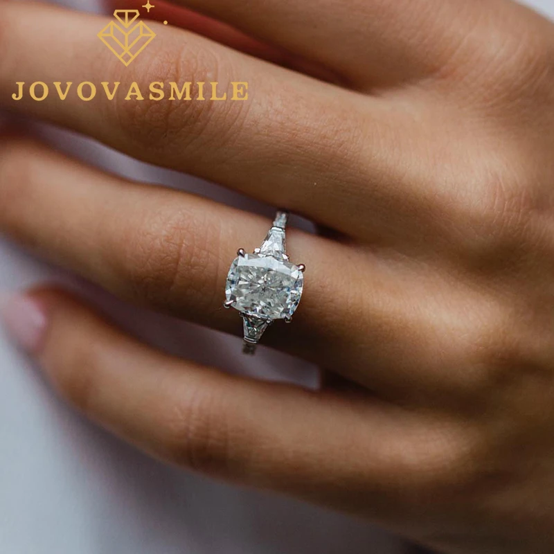 

JOVOVASMILE Fine Jewelry Moissanite Ring 4 Carat 10x8mm Crushed Ice Hybrid Cushion Cut 14k White Gold Baguette Side Stones