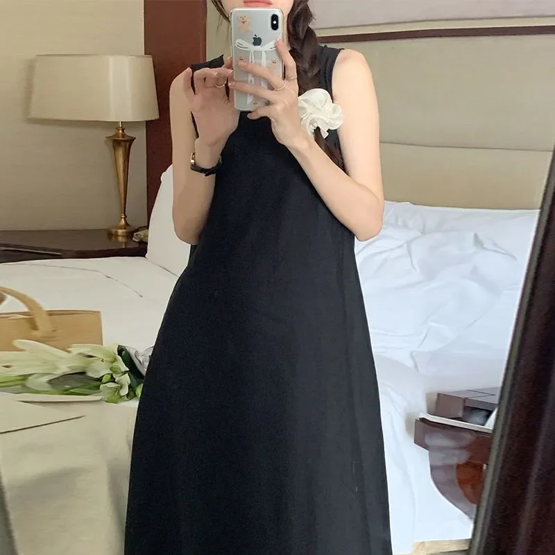 Korean Chic Summer Simple Temperament Round Neck One Button Hollow Backless Sleeveless Vest Dress Long Skirt for Women
