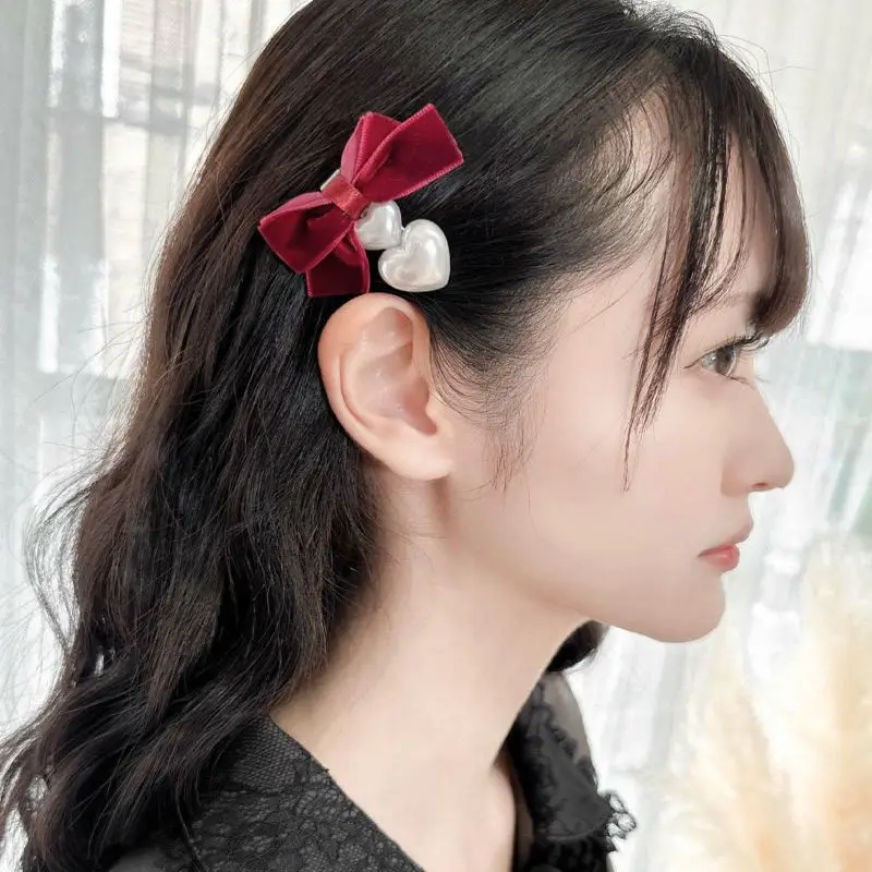 Y2K украшение для волос для девочек, бархатный бант, кукольный милый декор в виде сердца, заколка для волос, боковой зажим, головной убор, женский для Lo Girl