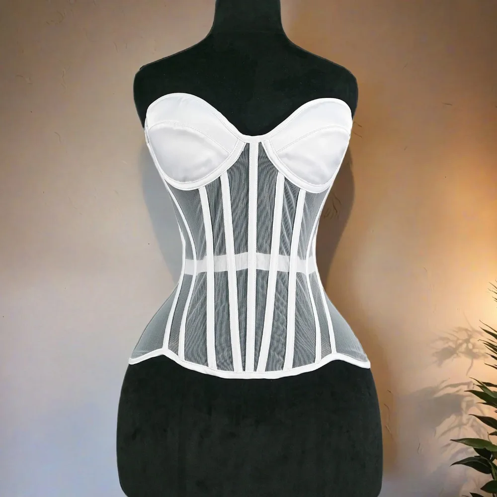 

Women Corset Bustier Tops With Cups Transparent Mesh Bodice Lace Up Steel Boned Waist Trainer Female Luxury Corset For Wedding