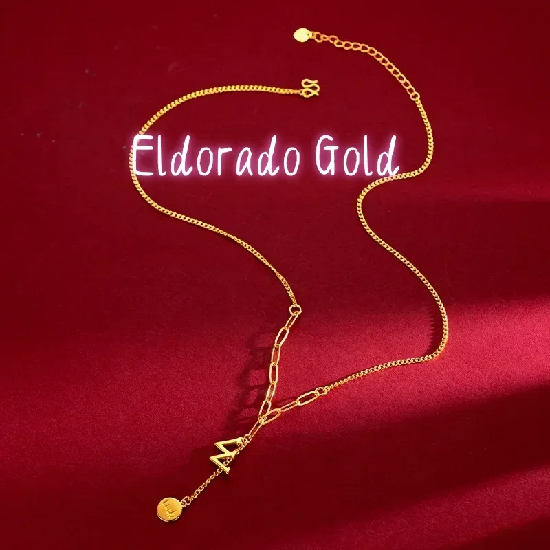 Eldorado Gold  9999 Real Gold 24K New Fashionable and Simple W Letter Tassel Lucky Brand Collarbone Chain, Gold Ins Wind Women W