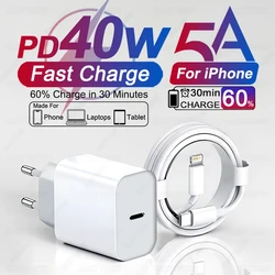 40W For iPhone Charger USB Type C Fast Charger For iPhone 16 15 14 13 12 11 Pro Max 7 8 Plus PD Charging Cable Phone Accessories