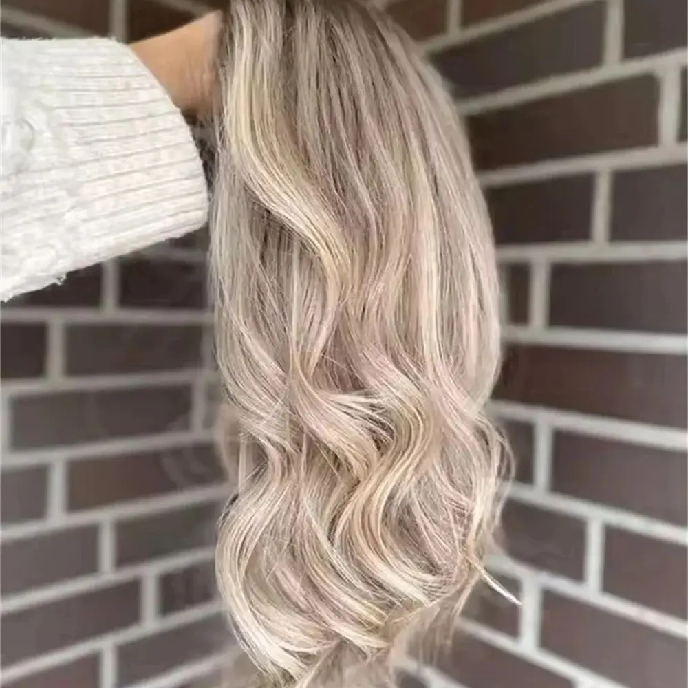 Balayage Biondo Cenere Parrucche Ondulate 13x4 Anteriore Del Merletto Parrucche Sintetiche In Evidenziare Parrucche Del Partito Radici Scure Parrucca Anteriore Del Merletto HD Del Merletto Per Le Donne