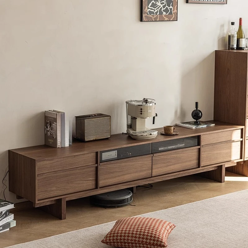 Medieval bone line TV cabinet, all solid wood video cabinet, living room storage cabinet, black walnut audio-visual cabinet