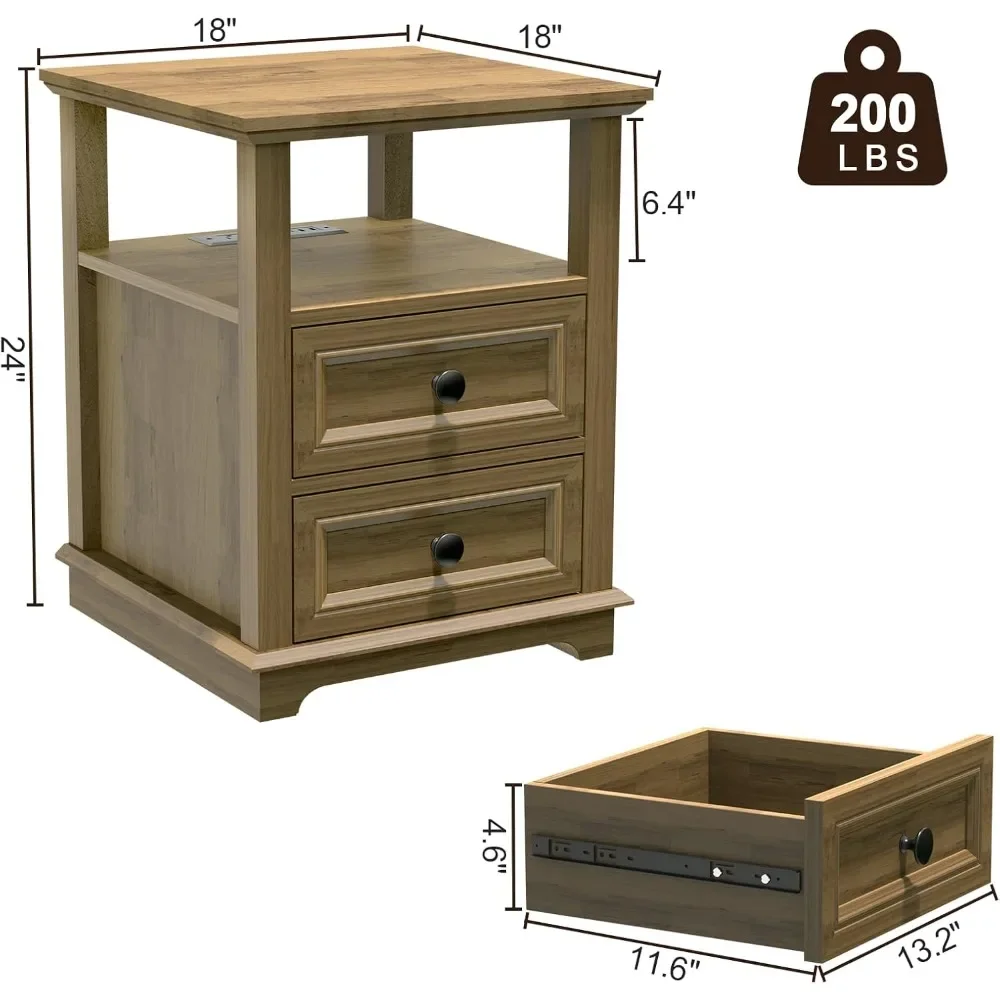 Nightstand Set of 2  with Charging Station &  18W Fast Charge Drawers & Open Shelf Rustic Wood Storage Cabinet