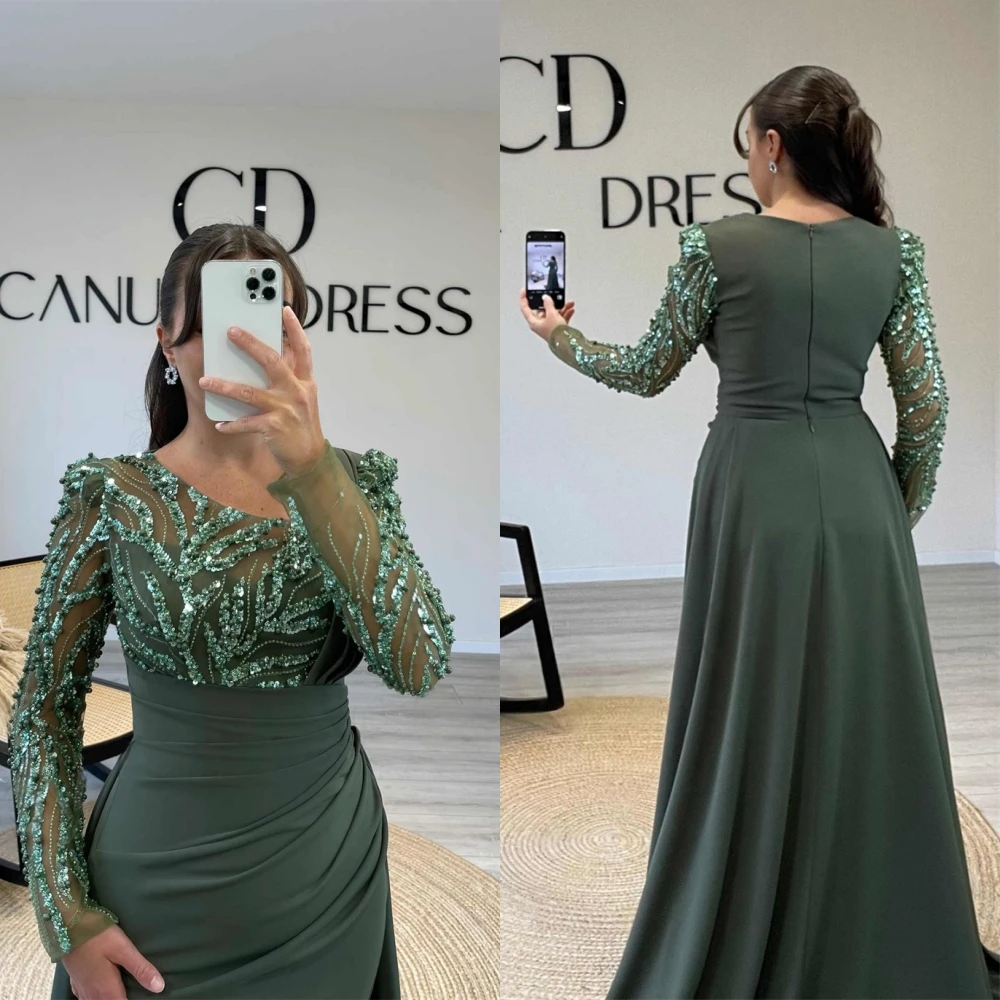 

Customized Delicate Green Jersey Evening Dress Elegant Graceful Crew Neck Long Sleeves Zipper Back Special Occasion Gowns