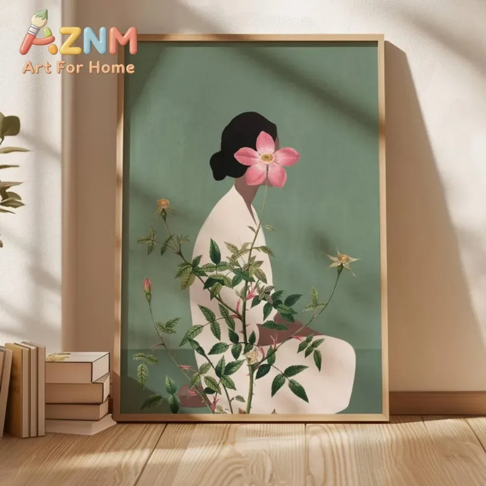 AZNM Boho Woman With Flower Canvas Wall Art Frameless Canvas Print Minimalist Green Background Figure Art Poster for Bedroom Hom