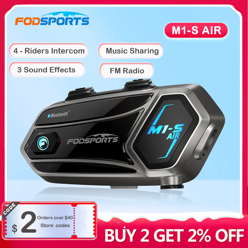 New Fodsports M1S-AIR Motocycle Intercom 4 Riders 1000m Helmet Bluetooth Intercoms Music sharing Voice Assistant Moto Headset