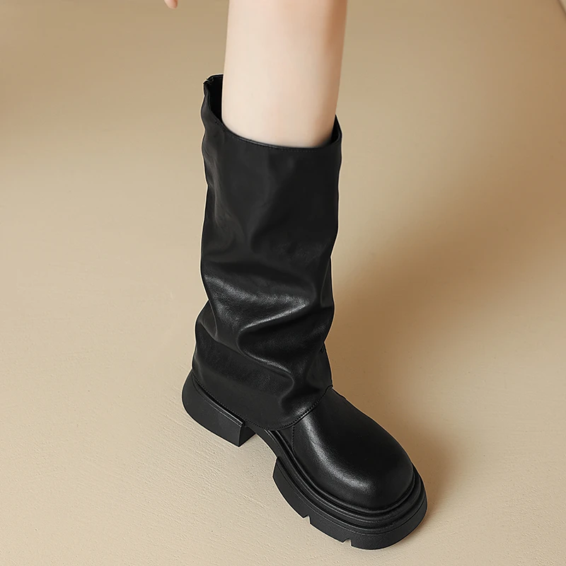 Round Toe Belt Buckle Women Boots Fashion Flat Sole Mid Calf Autumn Niche Design Patent Leather Soid Women Shoes New Arrivals image 5