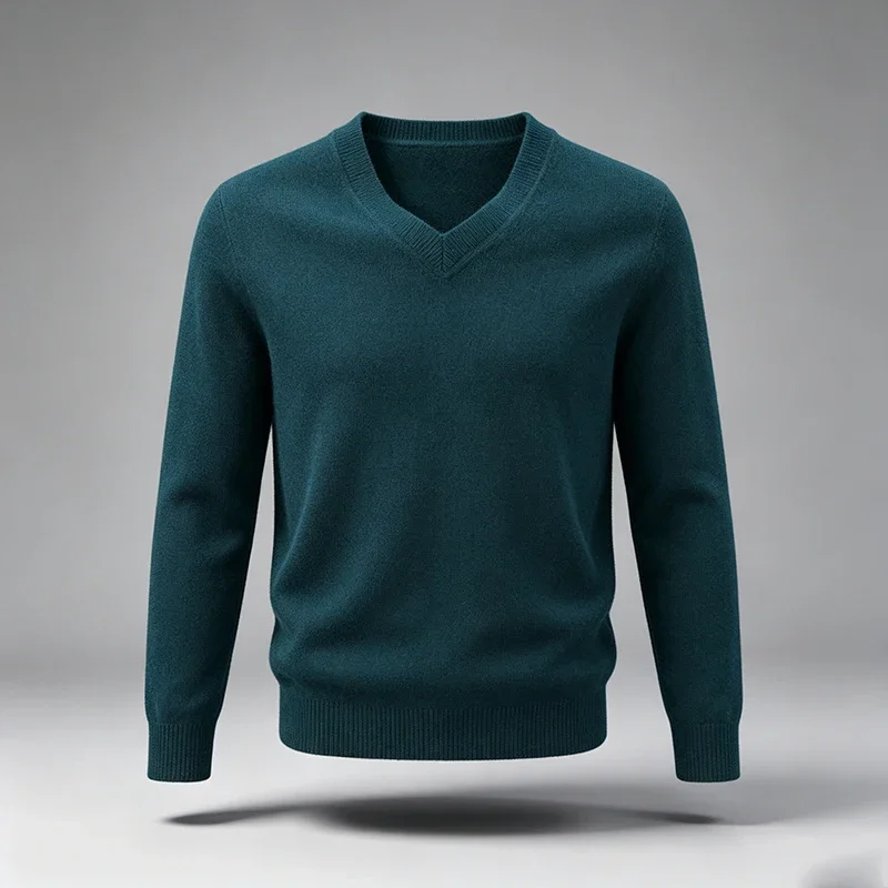Men V Neck Knit Sweater Long Sleeve Soft Fine Knit Fabric Slim Fit Autumn Winter Casual Warm Pullover Tops