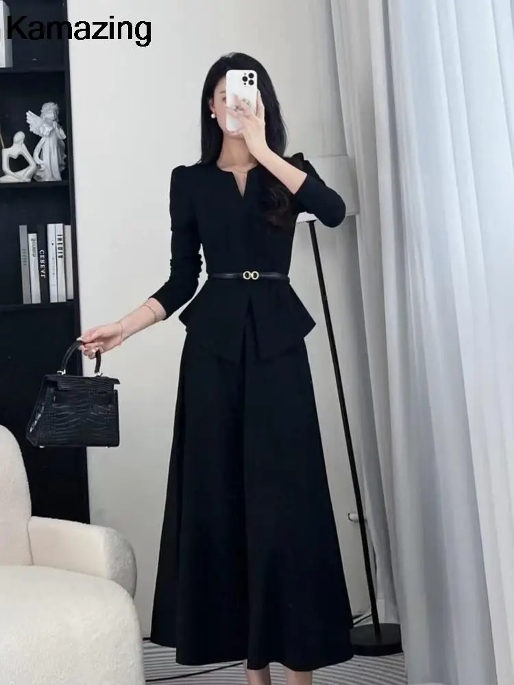 Autumn Winter Women\'s Office Lady Two-piece Skirt Set Solid Long Sleeve Slim Top Midi Skirt Korean Fashion Outfits New Suit