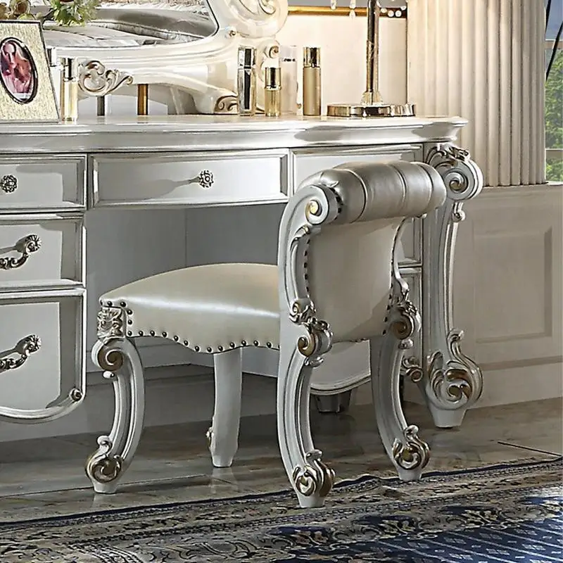 

Beige & Antique Silver Vanity Stool w/ Nailhead Trim