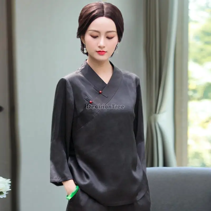 2024 chinese style tangsuits traditional cheongsam blouse women oriental retro blouse long sleeve blouse solid color top