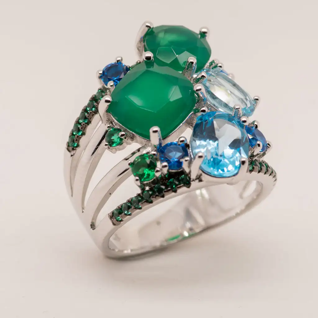 GEM\'S BALLET 925 Sterling Silver Stack Rings Natural Green Agate Topaz Gemstones Finger Ring for Women Wedding Fine Jewelry