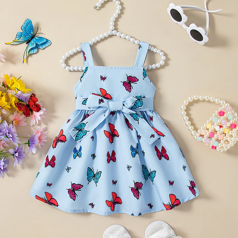 Summer New Butterfly Bow Baby Girl Dress, Korean Style Children\'S Sleeveless Clothes With Hair Straps (6 Months -3 Years Old)