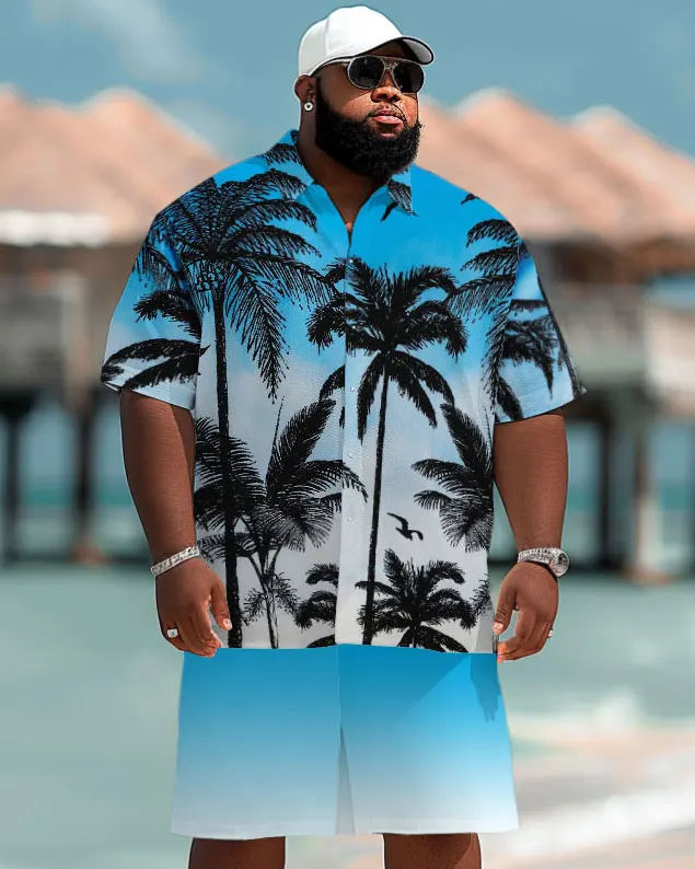 Biggmans Plus Size L-9Xl Summer Beach Men\'s Plus Size Hawaiian Coconut Tree Print Pocket Short Sleeve Shirt Shorts Set