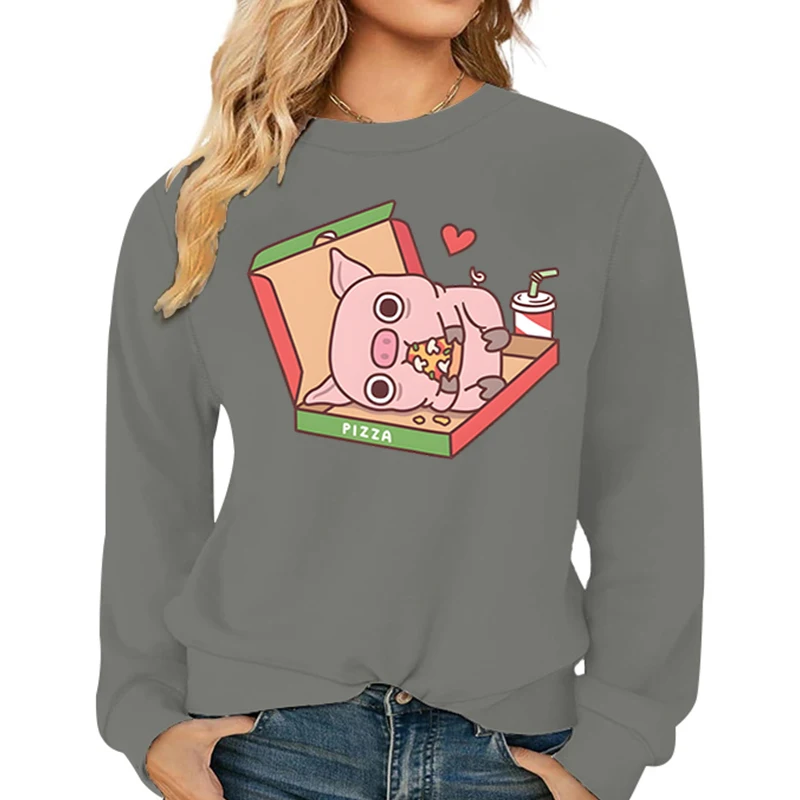 Niedliches Schwein essen Pizza drucken Sweatshirt Frauen Cartoon lässig lose Hoody Mode Langarm Pullover Herbst Tier weibliche Hoodie