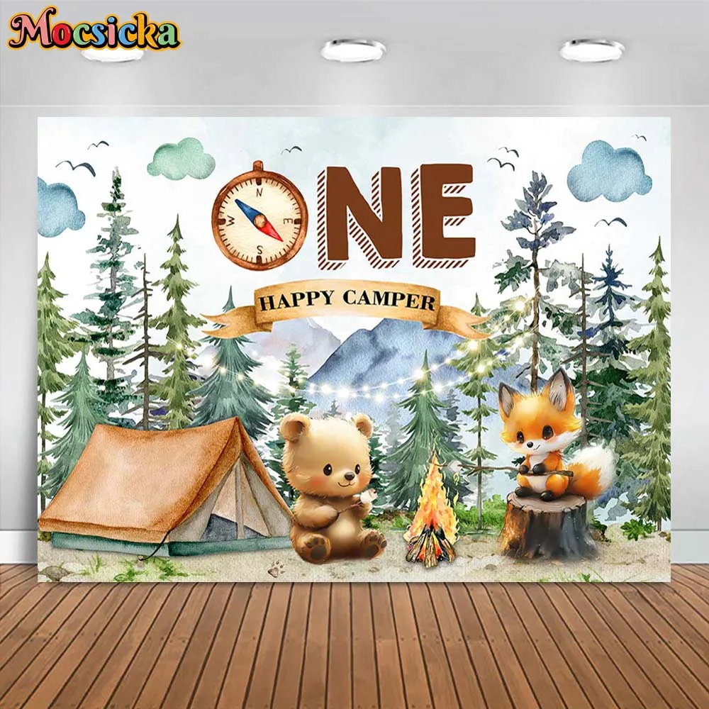 

Mocsicka Baby 1st Birthday Backdrop Happy Camper Jungle Animals Adventure Boy Birthday Party Decor Photo Background Banner Props