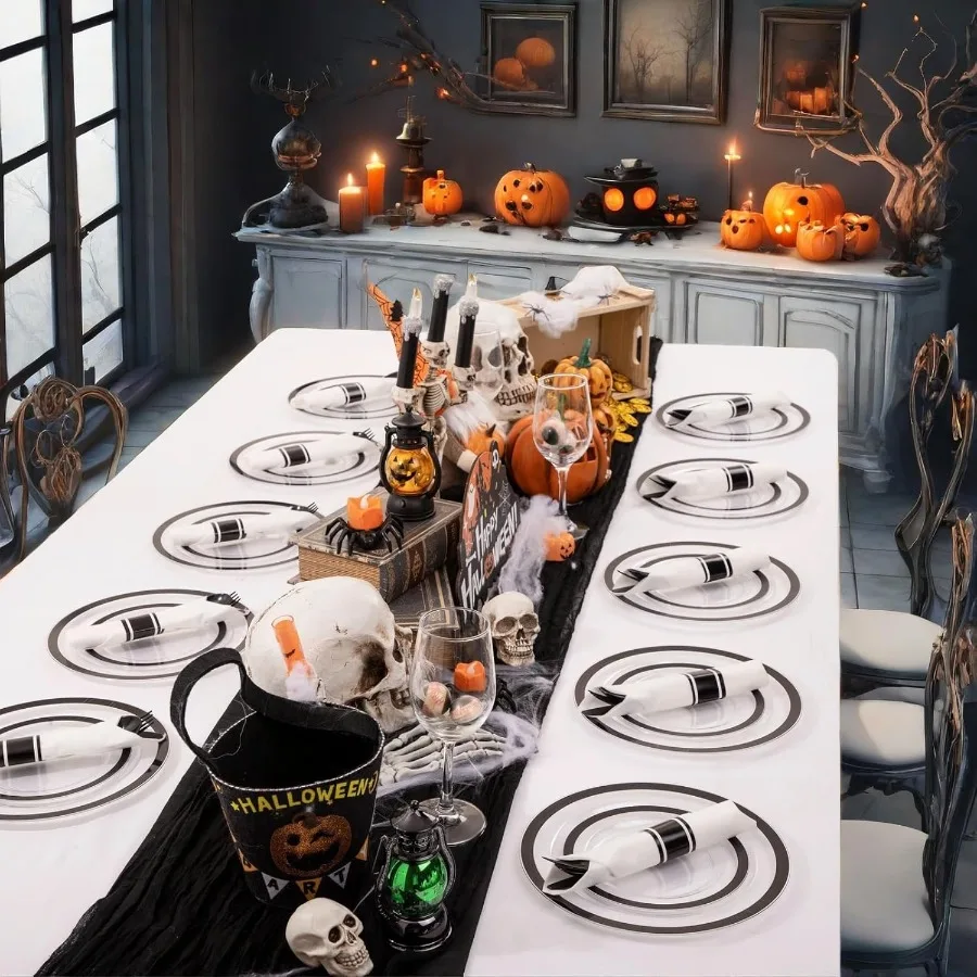 Placas transparentes com borda preta para 50 convidados, 350 peças, incluem 100 placas transparentes descartáveis, 150 talheres pretos, 50 guardanapos