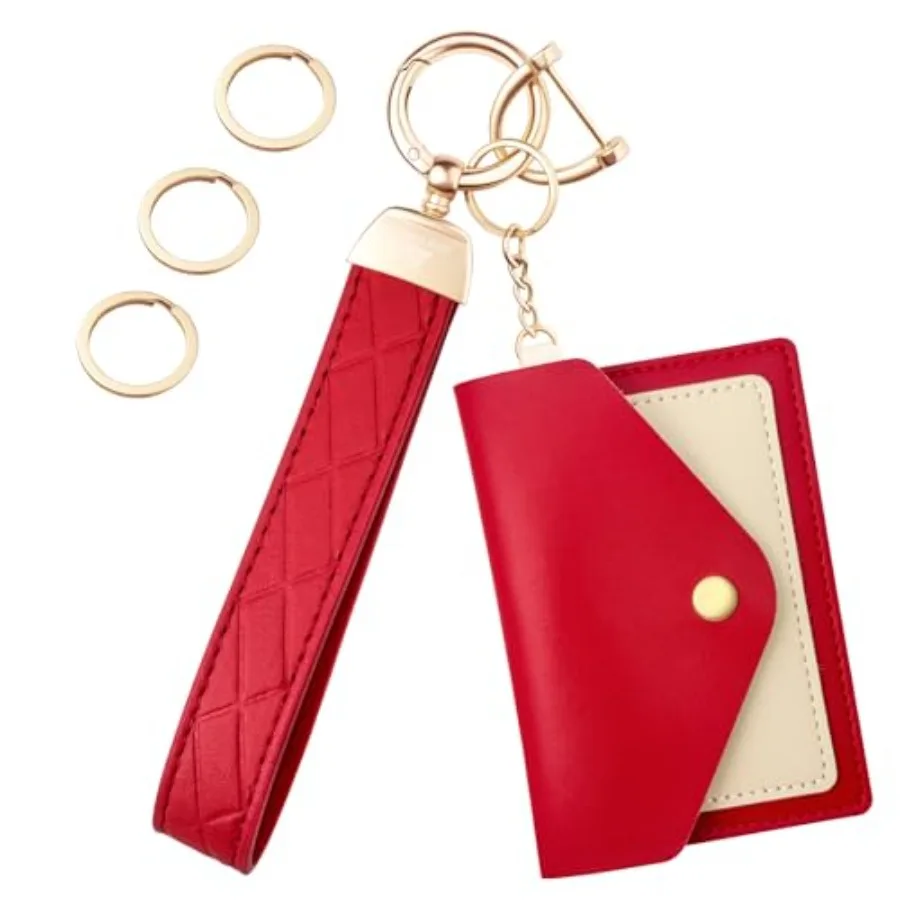 

Leather Wristlet Keychain, Wrist Keychain Car Key Chain with 3 Key Rings, D Ring and Slim Wallet