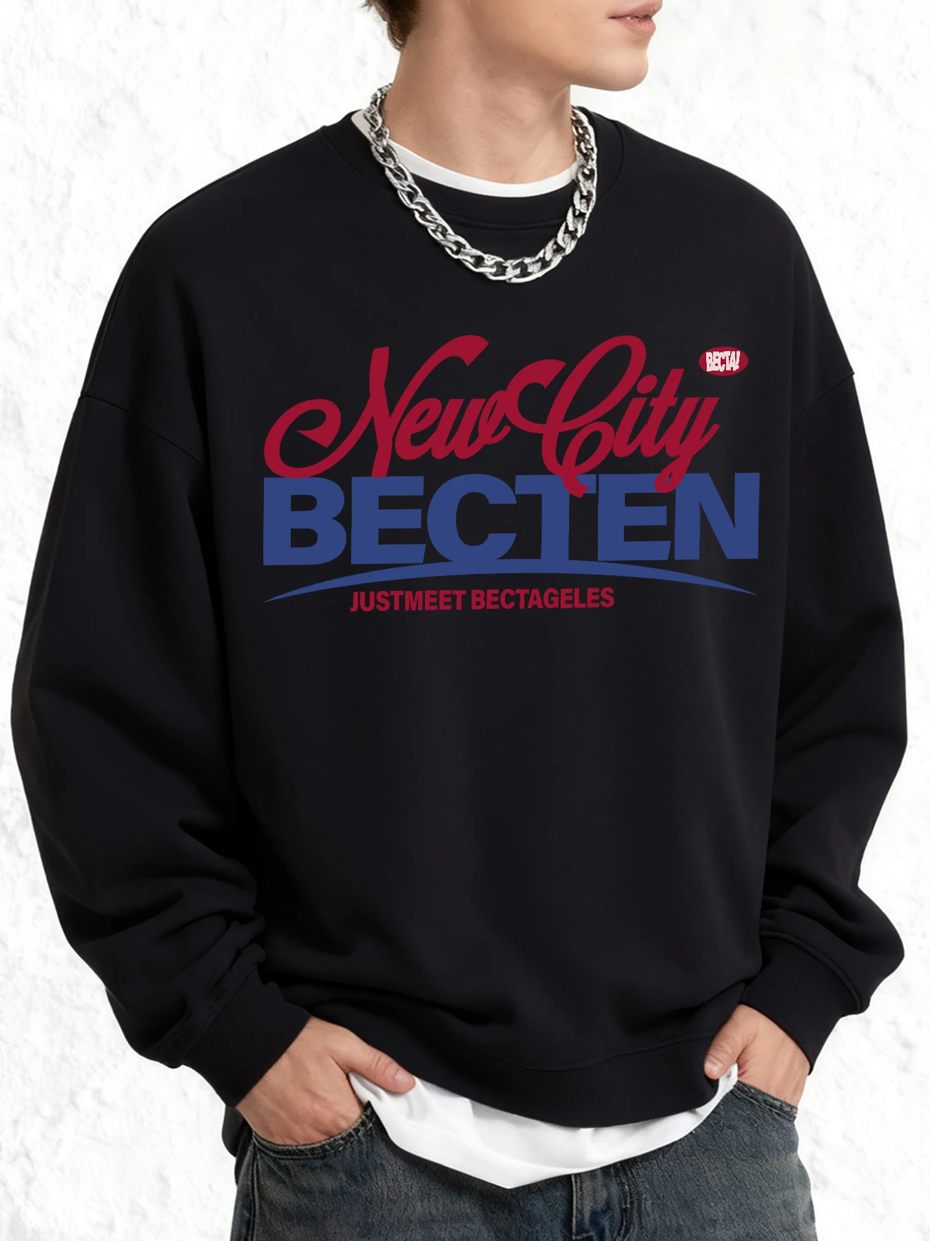 New City Becten Just Meet Bectageles Print Sweatshirt für Männer Street O-Neck Pullover Oversize trendige Kleidung Casual Herbst Top
