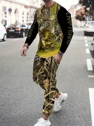 Autumn Fashion Cool Carp Fishing Long Sleeve T Shirt Tracksuit Men Trousers Set Oversized Sweatpants 2 Piece Suit Sportwear Sets