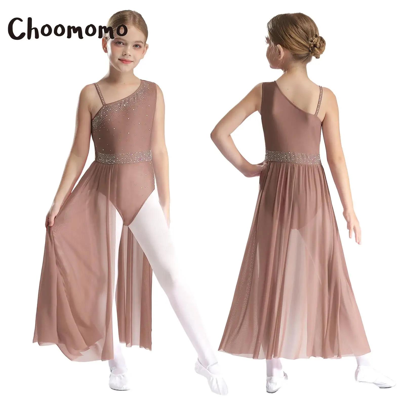 

Kid Girls Lyrical Dance Costume Rhinestone One Shoulder Split Sheer Mesh Ballet Gymnastic Skating Leotard Contemporary Dancewear