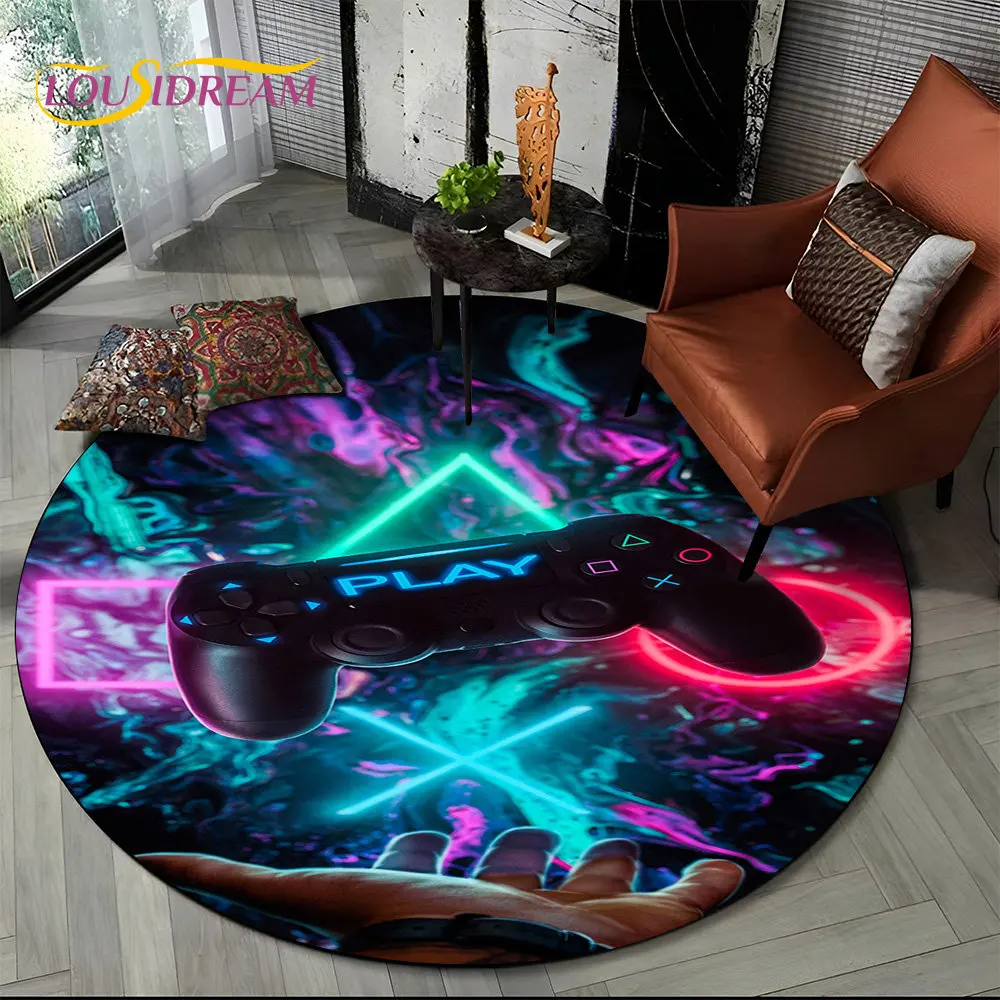 Cartoon Gamer Game Controller Round Area Rug,Circle Carpet Rug for Living Room Children\'s Bedroom Sofa Decor,Non-slip Floor Mat