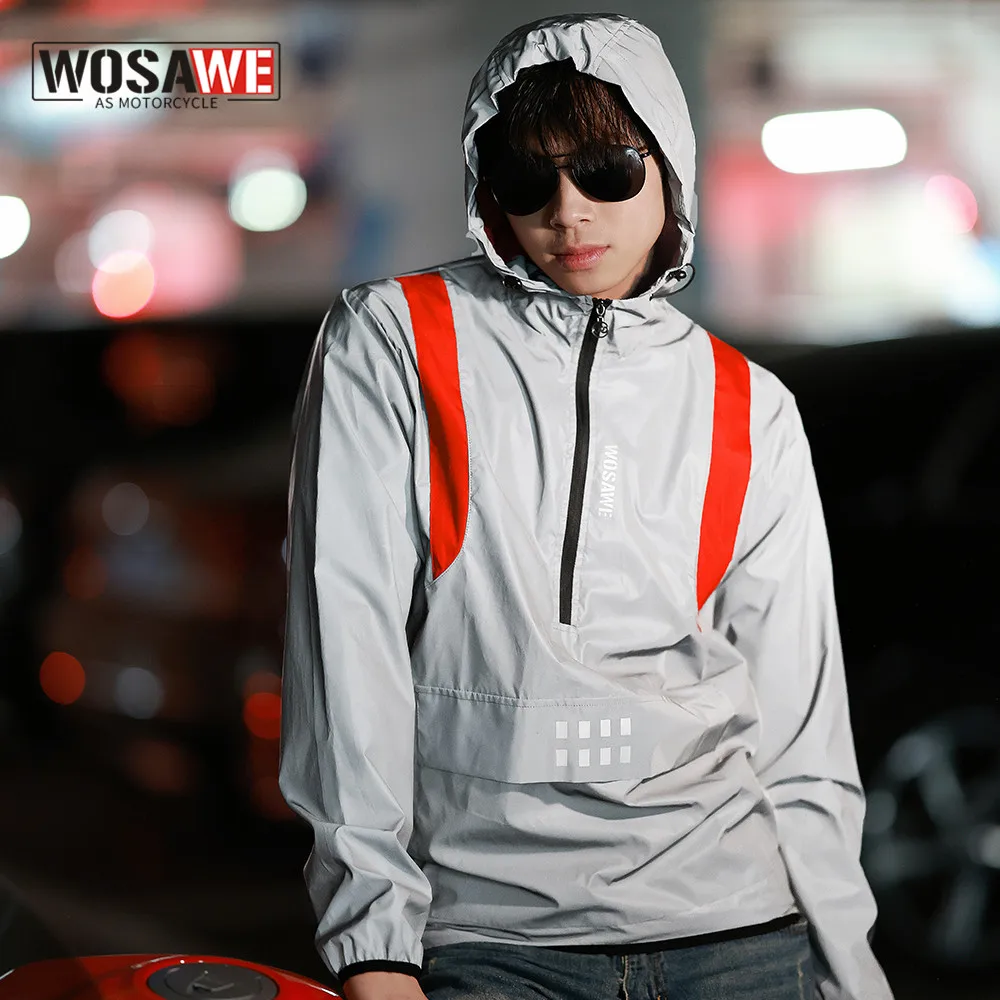 WOSAWE Motorcycle Jackets Reflective Jacket Men Women Streetwear Noctilucent Jacket Waterproof Hooded Hip-hop Night Shiny Coats