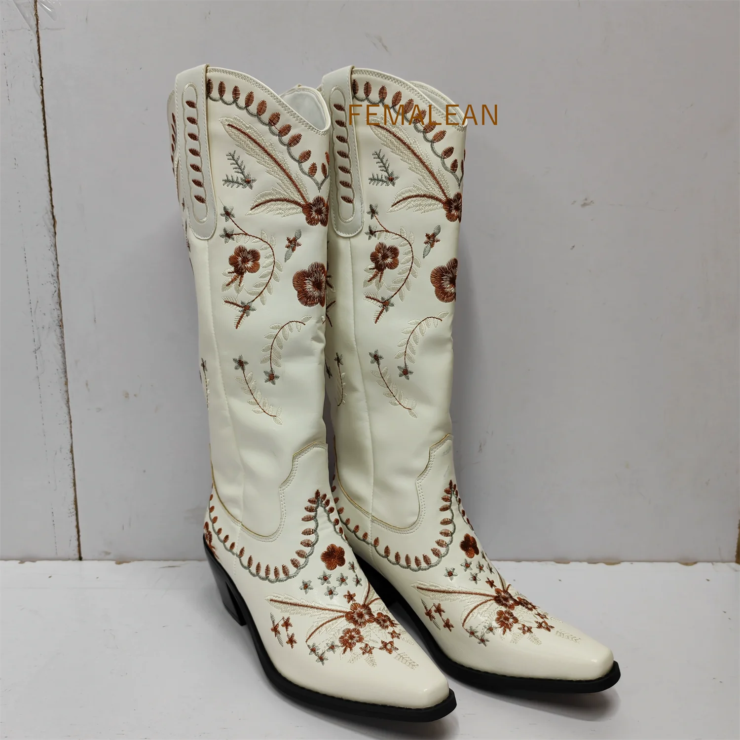 FEMALEAN 2023 Embroidery Santiag Winter White Pointed Toe Texana Women Western Cowboy Ankle Boots Ladies Shoes On Offer