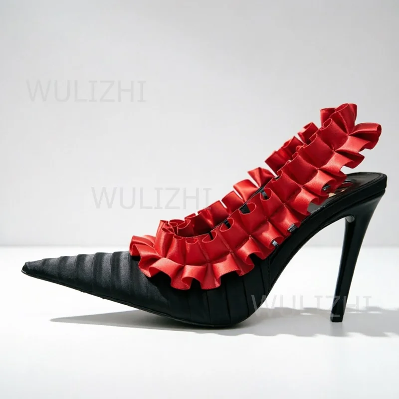 

Black Satin Pleated Red Ruffle Pump Stiletto Sandals Women Light Green Bright Pointed Stiletto Heel Patchwork Party Evening Shoe
