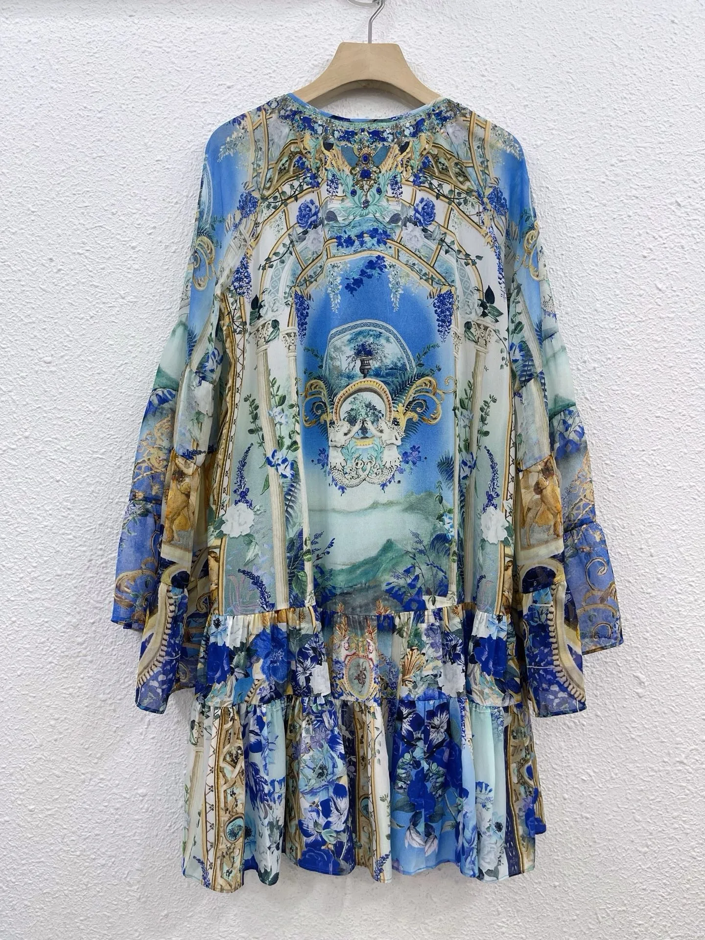 Women's 100% Real Silk Blue Printing Mini Dress Australian Flare Sleeve Boho Diamond Vintage Luxury Runway Designer