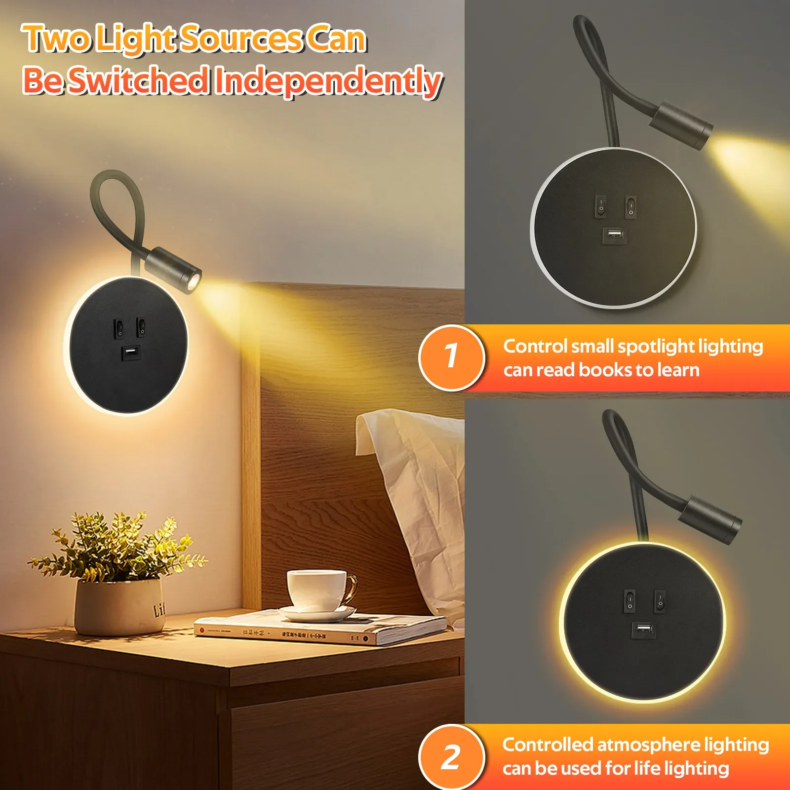 Imagem -04 - Flexível Gooseneck Led Wall Light com Interruptor Lâmpada de Leitura de Cabeceira Luz Natural Luz Quente Porta de Carregamento Usb 3w 8w