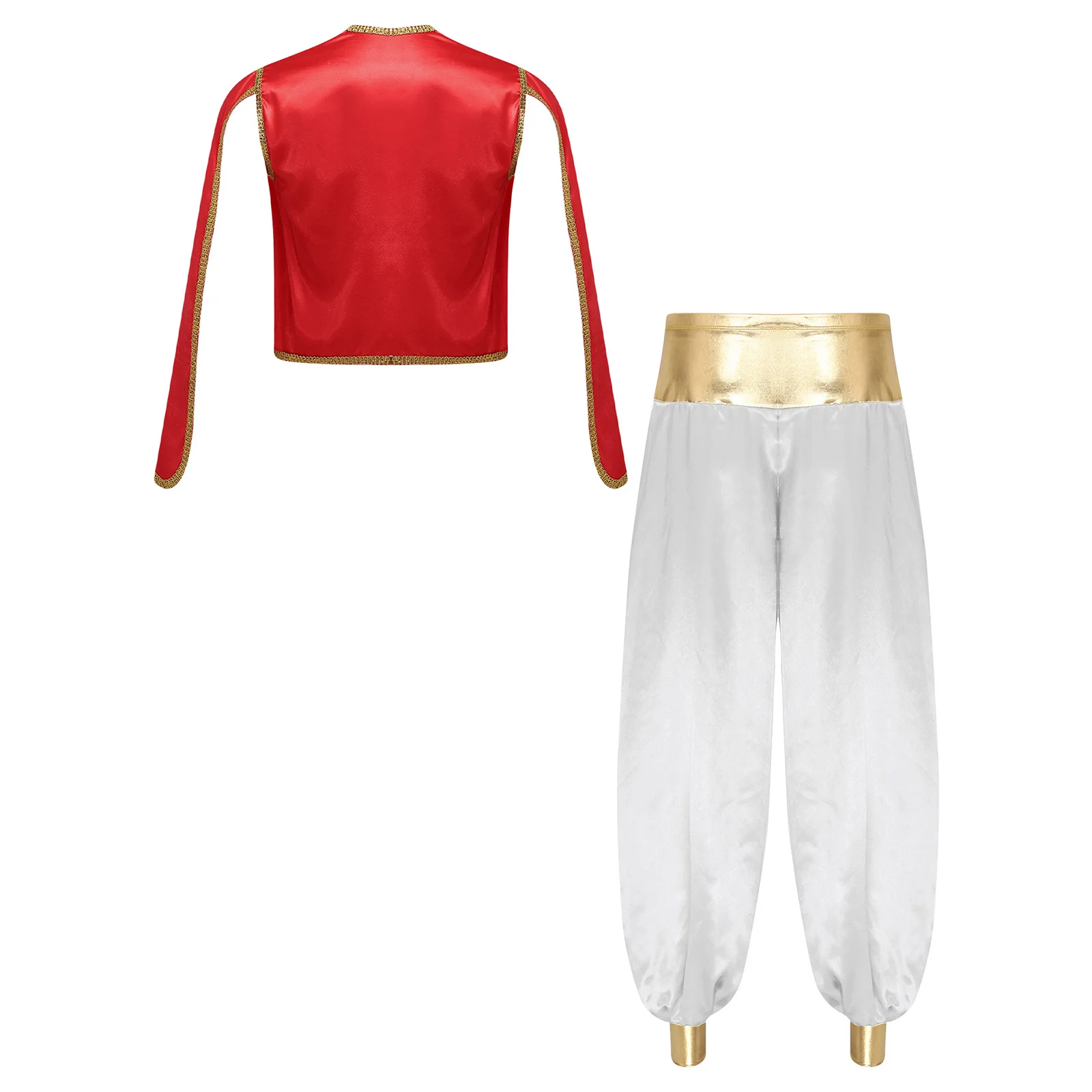 Mens Arabian Prince Cosplay Costume Halloween Captain Outfits Metallic Shiny Trim Open Front Vest Tops with Long Harem Pants Set