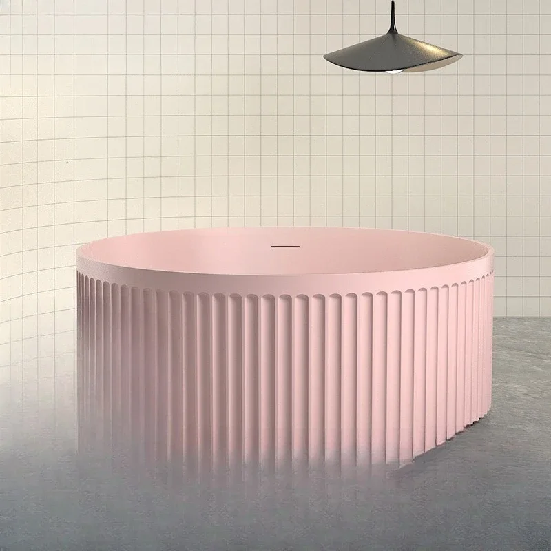 Pink artificial stone bathtub, free-standing round colored bathtub