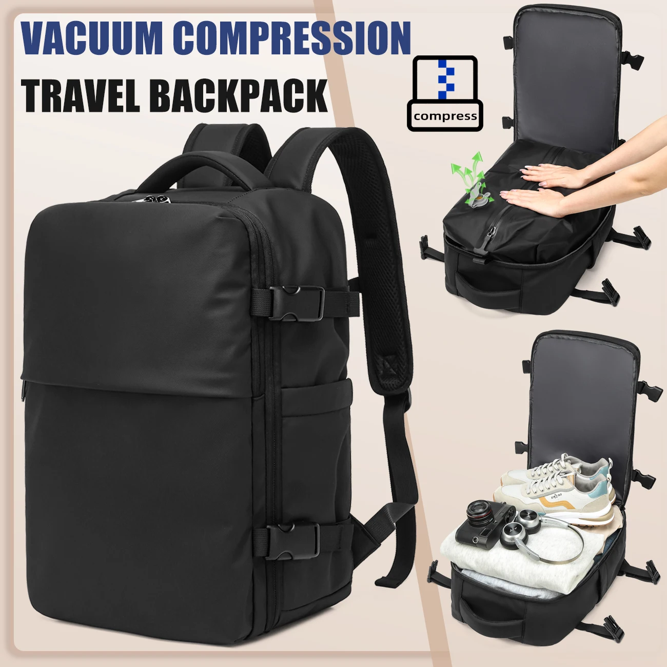 Mochila universitaria de moda para hombre, mochila de compresión al vacío, mochila para ordenador portátil de 15,6 pulgadas para hombres y mujeres, mochila de viaje al vacío para senderismo