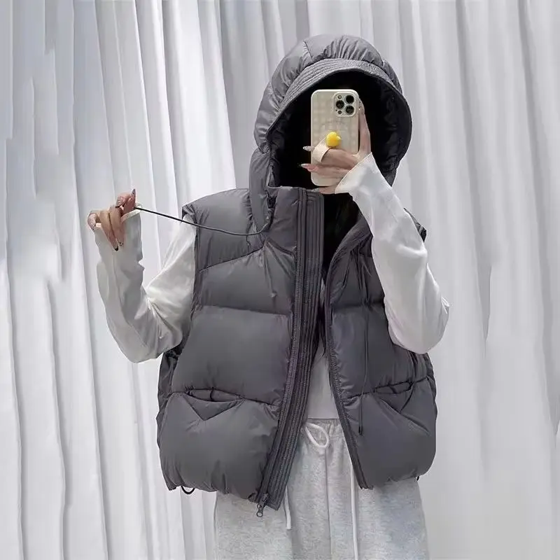 

Autumn Winter New Soft Puffs Cotton Vest Jacket Women Fashion Loose Thicken Warm Hooded Waistcoat Coat Female Casual Ladies Tops