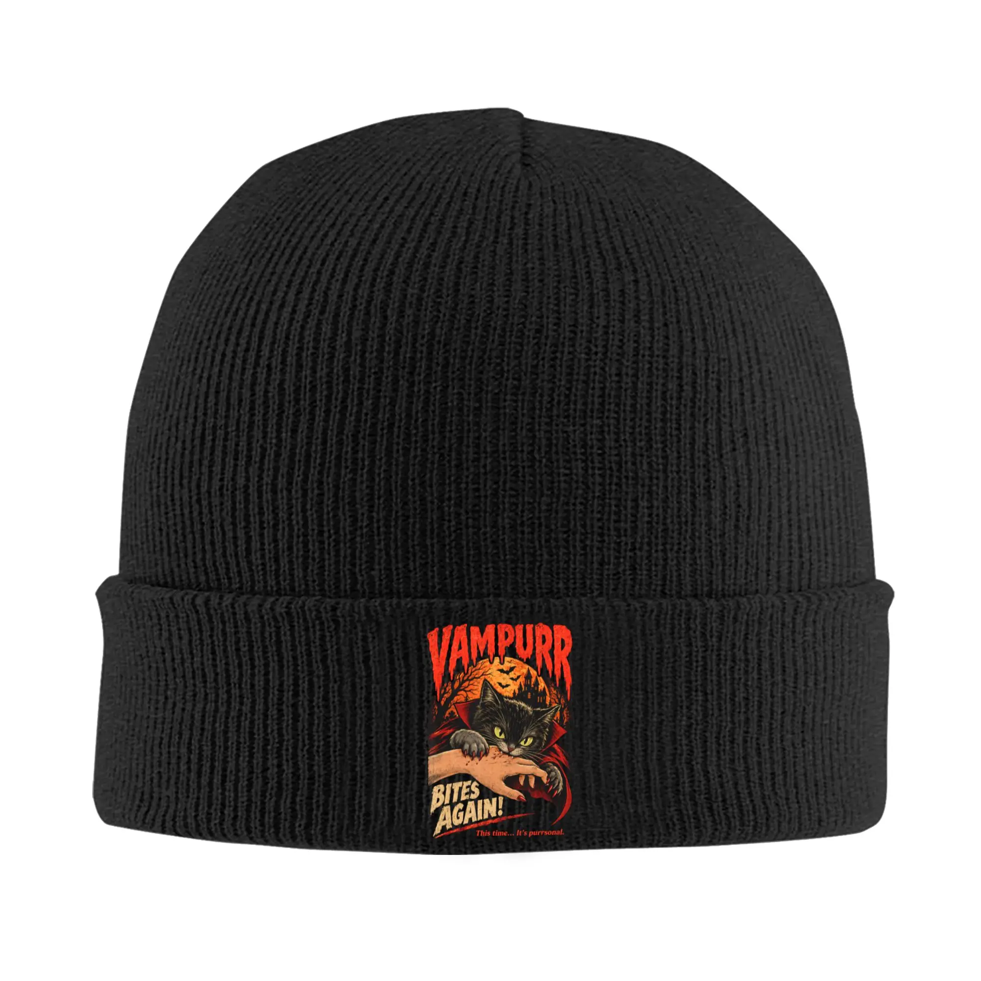Vampurr Bites Again Halloween Vampire Cat Knitted Caps for Women Men Beanies Winter Hat  Hip Hop Cap
