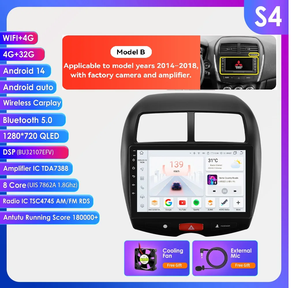 Hizpo 8-core multimediaspeler voor Mitsubishi ASX 1 2010 - 2018, met Carplay, Android, videonavigatie, radio, head unit, 4G, DSP en AI-spraakbesturing