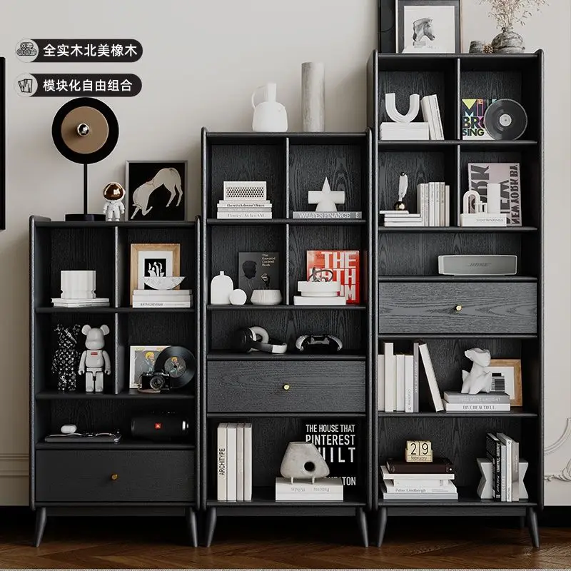 LMM all solid wood bookcase oak retro black light luxury medieval vertical cabinet American French bookshelf