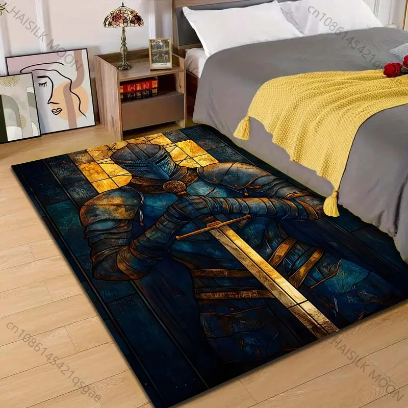 1PC Blue armored knight with sword Print Carpet Rug for Living Room Bedroom Sofa Doormat Home Decor Non-slip Floor Mat