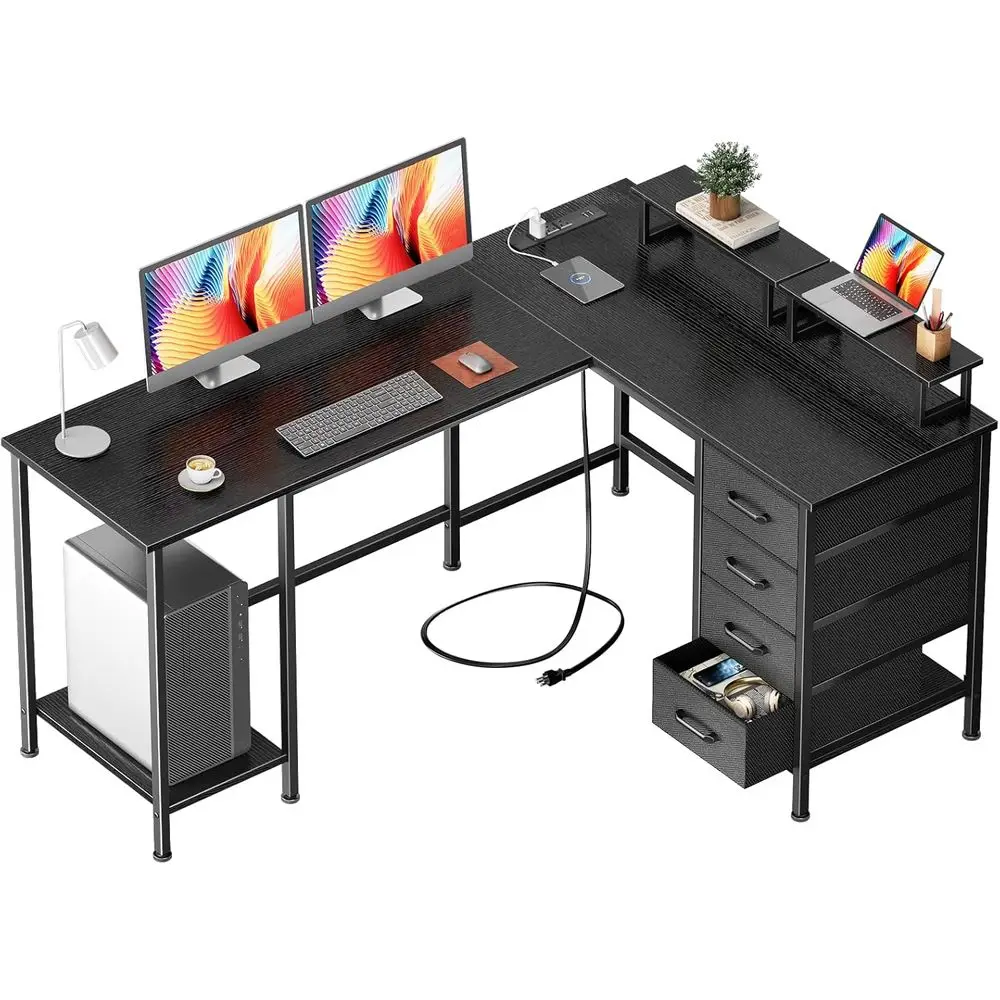 

59 inch L Shaped Computer Desk with Power Outlets, Home Oice Desk with 4 Adjustable Storage Ders & 2 Monitor Stands, Two Person