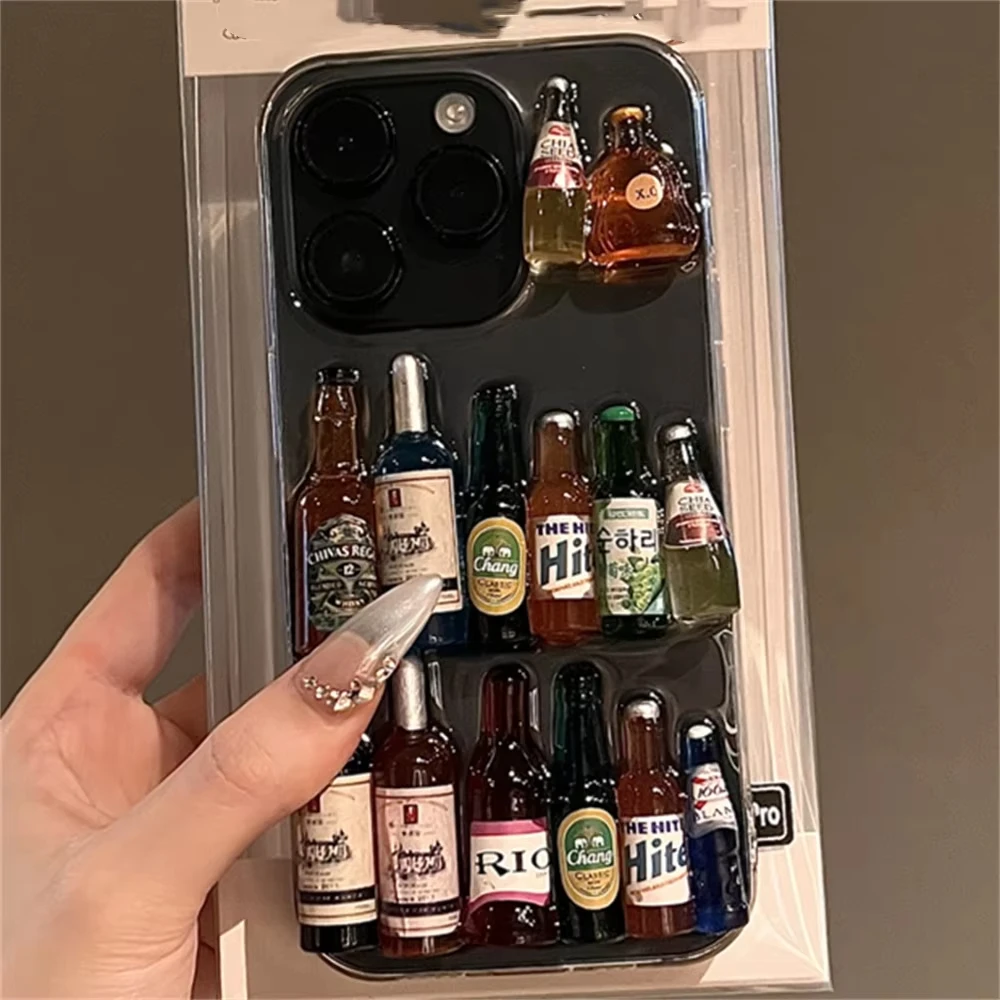 Funny Creative Wine Liquor Bottle Clear phone Case For Iphone16 15 14 13 12 11 Pro Max Plus Glitter 3D Epoxy INS Anti-drop Cover